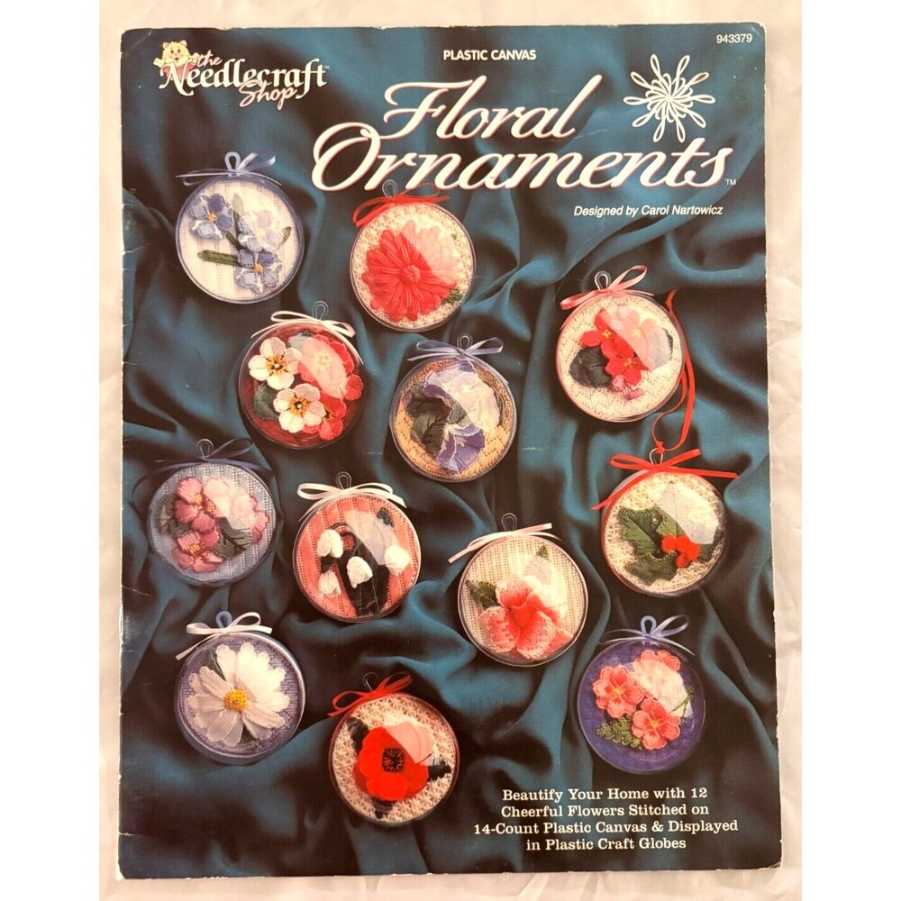 USED FLORAL ORNAMENTS 12 BEAUTIFUL FLOWER DESIGNS PLASTIC CANVAS PATTERN BOOK